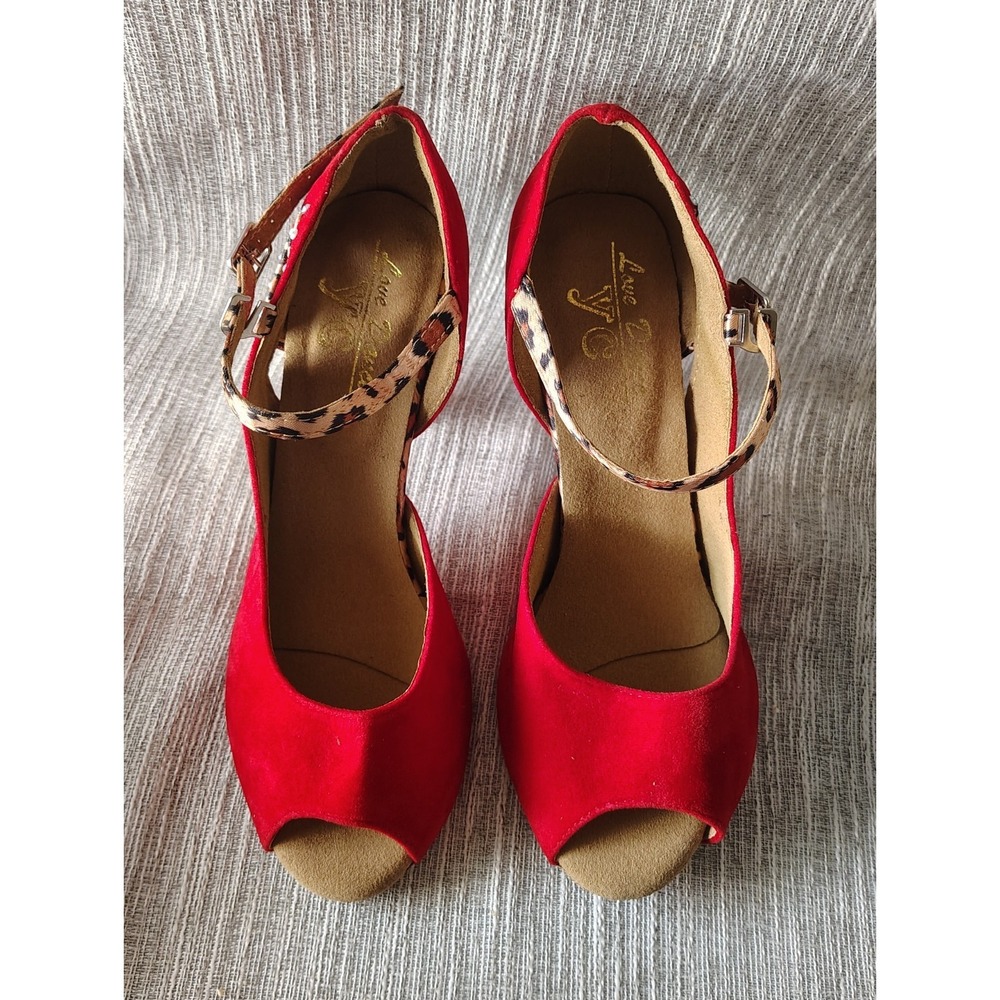 Latin Ballroom Salsa Dance Shoes Red Rhinestone Heels Leopard Strap Sz 5 5.5